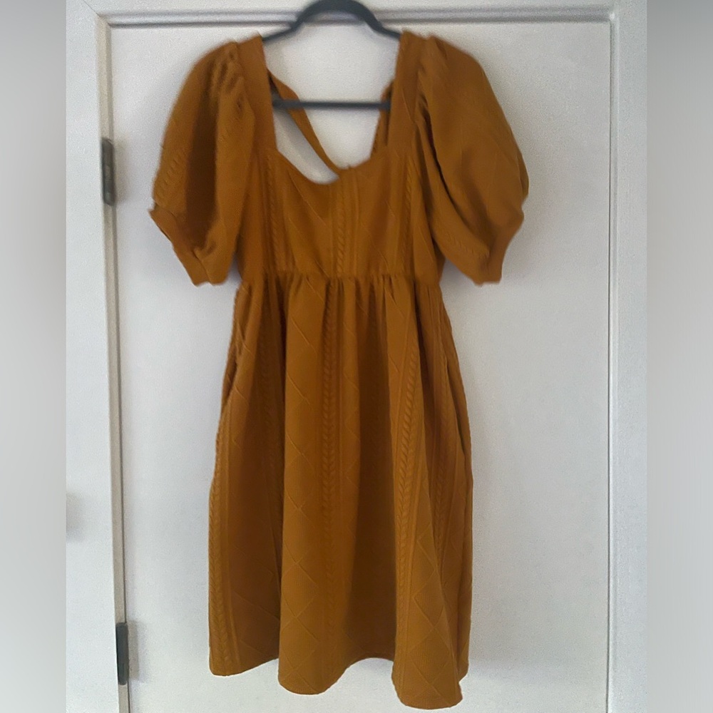 Boutique Mustard Jacquard Weave Knit Babydoll Dress with Tie Back